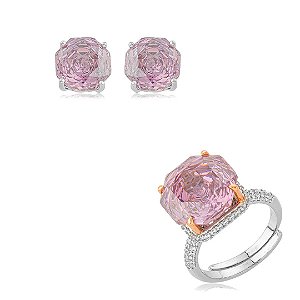 Conjunto de brinco e anel regulável com zircônia rosa claro banho em ródio branco