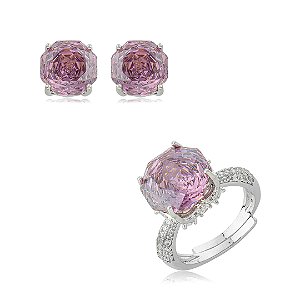 Conjunto de brinco e anel regulável com zircônia rosa claro banho em ródio branco