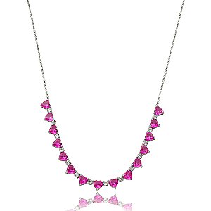 Colar de coração cravejado de zircônia cristal e pink banho em ródio branco