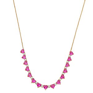 Colar de coração cravejado de zircônia cristal e pink banho em ouro 18k