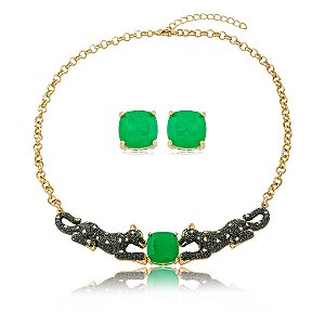 Conjunto de luxo de brinco e colar com zircônia e pedra fusion esmeralda banho em ouro 18k