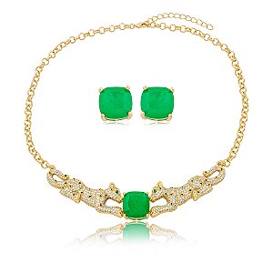 Conjunto de luxo de brinco e colar com zircônia e pedra fusion esmeralda banho em ouro 18k