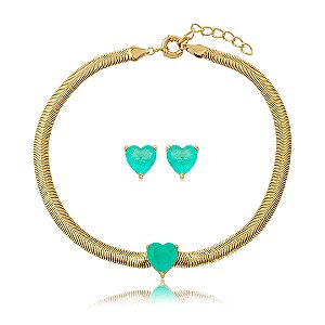 Conjunto de brinco e colar de coração com pedra fusion turmalina banho em ouro 18k