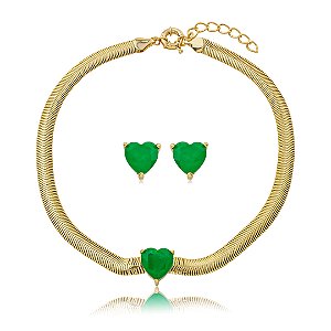 Conjunto de brinco e colar de coração com pedra fusion esmeralda banho em ouro 18k