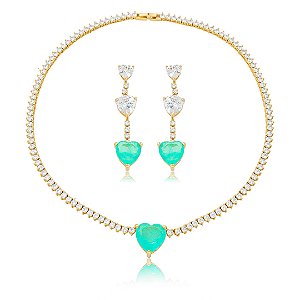 Conjunto de brinco e colar luxo de coração cravejado de zircônia e pedra fusion turmalina banho em ouro 18k