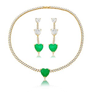 Conjunto de brinco e colar luxo de coração cravejado de zircônia e pedra fusion esmeralda banho em ouro 18k