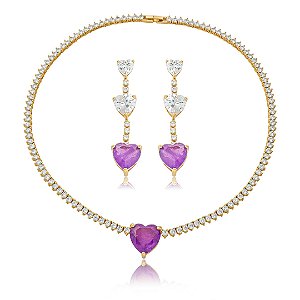 Conjunto de brinco e colar luxo de coração cravejado de zircônia e pedra fusion ametista banho em ouro 18k