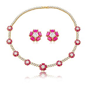 Conjunto de brinco e colar luxo de flor cravejado de zircônia cristal e pink banho em ouro 18k