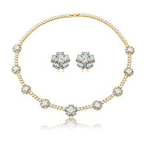 Conjunto de brinco e colar luxo de flor cravejado de zircônia cristal e topázio banho em ouro 18k