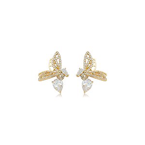 Brinco dourado cravejado de zircônia cristal banho em ouro 18k