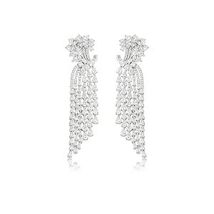 Brinco de luxo cravejado de zircônia cristal banho em ródio branco