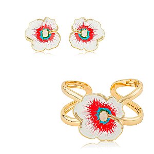 Conjunto de bracelete e brinco de flor esmaltado banho em ouro 18k