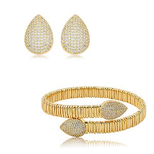 Conjunto de bracelete e brinco cravejado de zircônia cristal banho em ouro 18k