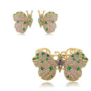Conjunto luxo de bracelete e brinco borboleta cravejado de zircônia esmeralda banho em ouro 18k
