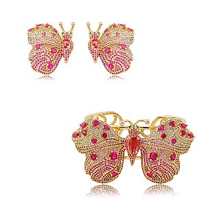 Conjunto luxo de bracelete e brinco borboleta cravejado de zircônia banho em ouro 18k