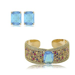 Conjunto luxo de bracelete e brinco cravejado de zircônia aquamarine banho em ouro 18k