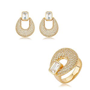 Conjunto de brinco e anel dourado cravejado de zircônia cristal banho em ouro 18k