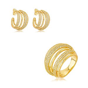Conjunto de brinco e anel dourado cravejado de zircônia cristal banho em ouro 18k