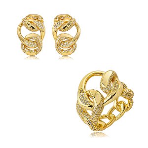 Conjunto de brinco e anel dourado cravejado de zircônia cristal banho em ouro 18k