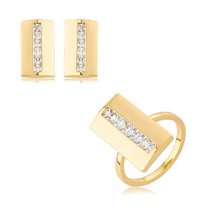 Conjunto de brinco e anel dourado cravejado de zircônia cristal banho em ouro 18k