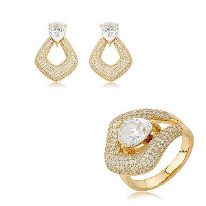 Conjunto de brinco e anel dourado cravejado de zircônia cristal banho em ouro 18k