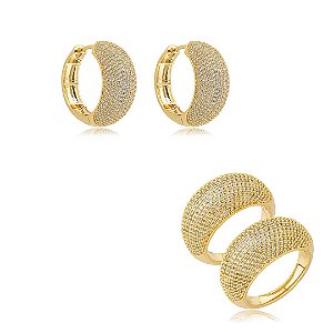 Conjunto de brinco e anel dourado cravejado de zircônia cristal banho em ouro 18k