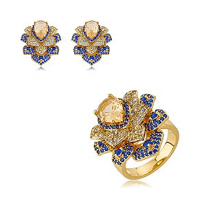 Conjunto de brinco e anel de flor cravejado de zircônia safira banho em ouro 18k