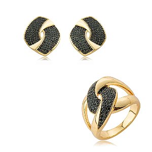 Conjunto de brinco e anel cravejado de zircônia ônix banho em ouro 18k