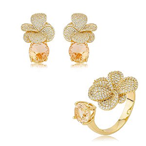 Conjunto luxo de brinco e anel de flor cravejado de zircônia cristal banho em ouro 18k