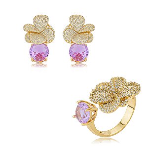Conjunto luxo de brinco e anel de flor cravejado de zircônia cristal banho em ouro 18k