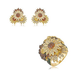 Conjunto luxo de brinco e anel de flor cravejado de zircônia colorida banho em ouro 18k