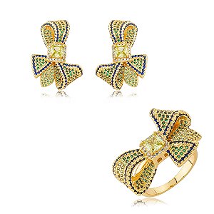 Conjunto luxo de brinco e anel de laço cravejado de zircônia esmeralda banho em ouro 18k