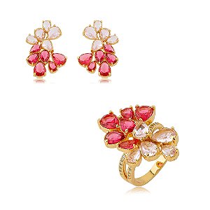 Conjunto luxo de brinco e anel cravejado de zircônia pink e rosa claro banho em ouro 18k