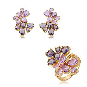 Conjunto luxo de brinco e anel cravejado de zircônia lavanda e ametista banho em ouro 18k