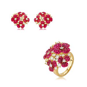Conjunto luxo brinco e anel flor cravejado de zircônia pink banho em ouro 18k