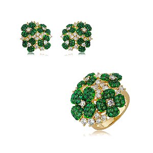 Conjunto luxo brinco e anel flor cravejado de zircônia esmeralda banho em ouro 18k