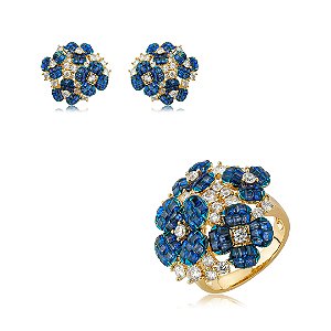 Conjunto luxo brinco e anel flor cravejado de zircônia safira banho em ouro 18k