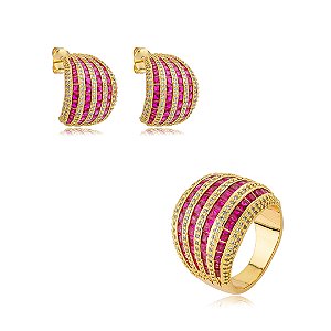 Conjunto luxo de brinco e anel cravejado de zircônia cristal e pink banho em ouro 18k