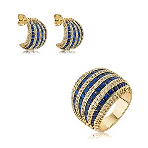 Conjunto luxo de brinco e anel cravejado de zircônia cristal e safira banho em ouro 18k
