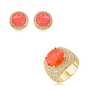 Conjunto de brinco e anel cravejado de zircônia cristal e pedra fusion coral banho em ouro 18k