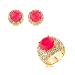 Conjunto de brinco e anel cravejado de zircônia cristal e pedra fusion rubelita banho em ouro 18k