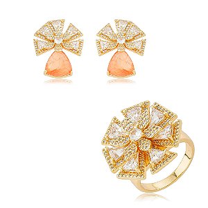 Conjunto flor de brinco e anel cravejado de zircônia cristal e pedra fusion morganita banho em ouro 18k