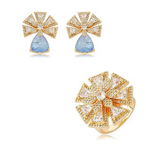 Conjunto flor de brinco e anel cravejado de zircônia cristal e pedra fusion ametista banho em ouro 18k