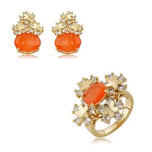 Conjunto flor de brinco e anel cravejado de zircônia cristal e pedra fusion coral banho em ouro 18k