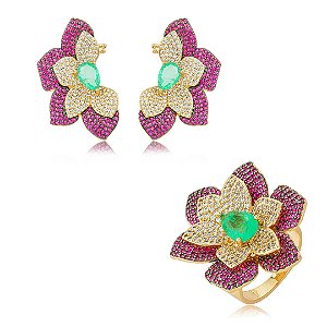 Conjunto luxo flor com brinco e anel cravejado de zircônia e pedra fusion turmalina banho em ouro 18k