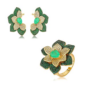 Conjunto luxo flor com brinco e anel cravejado de zircônia e pedra fusion turmalina banho em ouro 18k