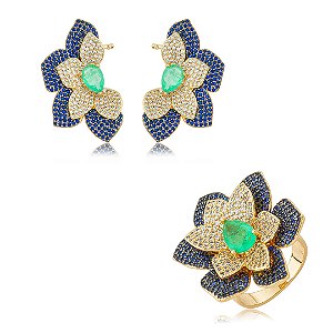 Conjunto luxo flor com brinco e anel cravejado de zircônia e pedra fusion turmalina banho em ouro 18k