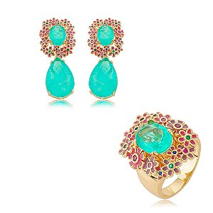 Conjunto flor de brinco e anel esmaltado com pedra fusion turmalina banho em ouro 18k