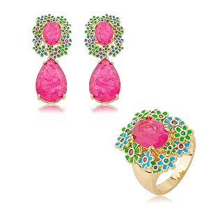 Conjunto flor de brinco e anel esmaltado com pedra fusion rubelita banho em ouro 18k