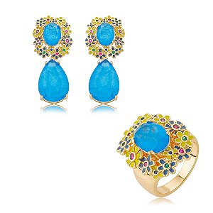 Conjunto flor de brinco e anel esmaltado com pedra fusion topázio banho em ouro 18k